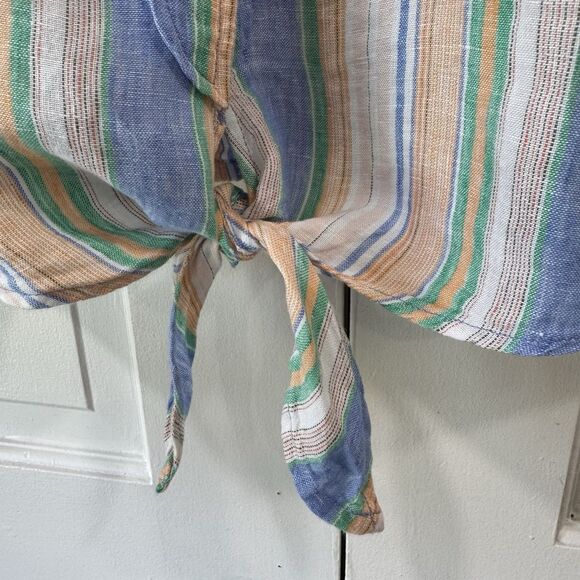 Talbots Linen Top XL Multicolored Stripe Tie Front Cap Sleeve Oversized Button - Picture 6 of 10
